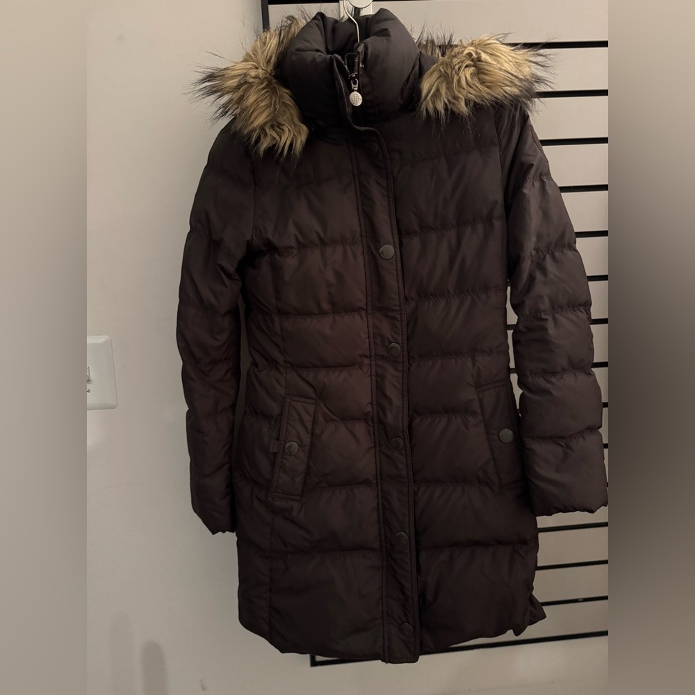 Tommy Hilfiger Dark Brown Puffer Jacket with Faux Fur Hood